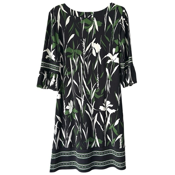 ANN TAYLOR LOFT | NWOT FLORAL BELL SLEEVE SHIFT DRESS BLACK WHITE GREEN | SIZE 6 - Picture 9 of 12